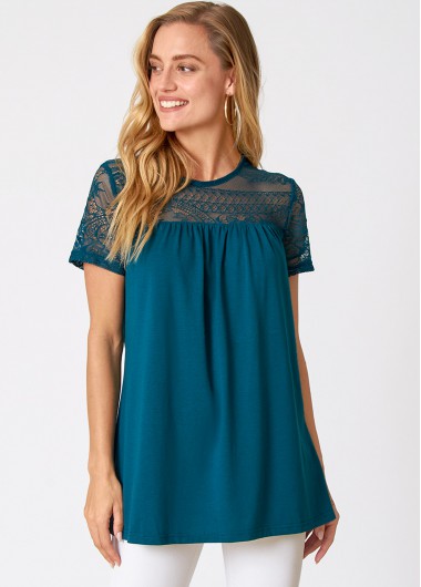 Modlily Lace Patchwork Short Sleeve Solid T Shirt - XL
