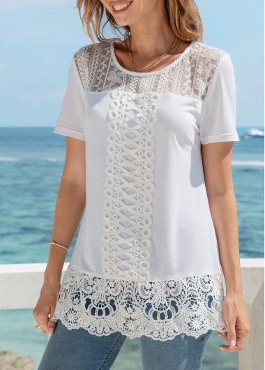 Modlily Lace Stitching Round Neck Short Sleeve T Shirt - XL