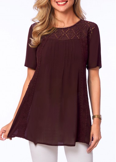 Modlily Lace Stitching Round Neck Short Sleeve T Shirt - S