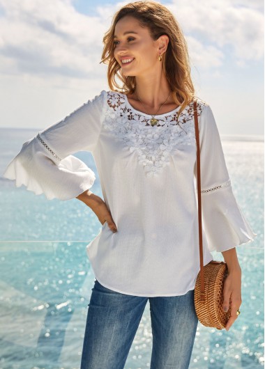 Modlily Lace Stitching Flare Sleeve Solid T Shirt - XL