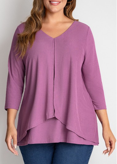 Modlily Plus Size V Neck 3/4 Sleeve T Shirt - 1X