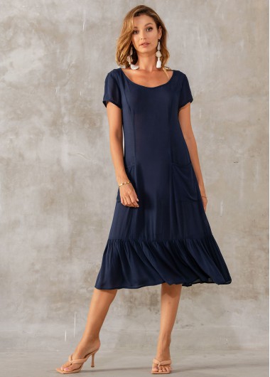 Modlily Round Neck Pocket Detail Short Sleeve Dress - M