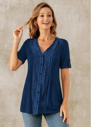 Modlily Lace Patchwork Solid Short Sleeve V Neck Blouse - S