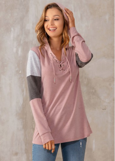 Modlily Contrast Lace Up Long Sleeve Hoodie - M