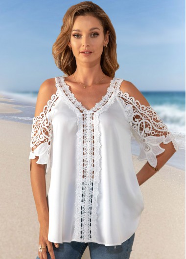 Modlily Cold Shoulder Solid Lace Stitching T Shirt - M