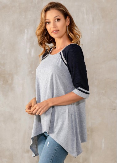 Modlily Asymmetric Hem Round Neck Contrast T Shirt - M