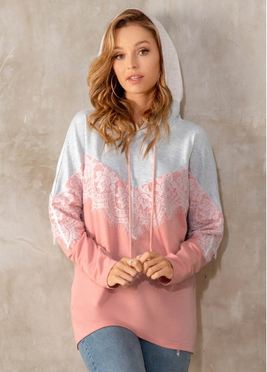 Modlily Contrast Lace Stitching Drawstring Detail Hoodie - XXL