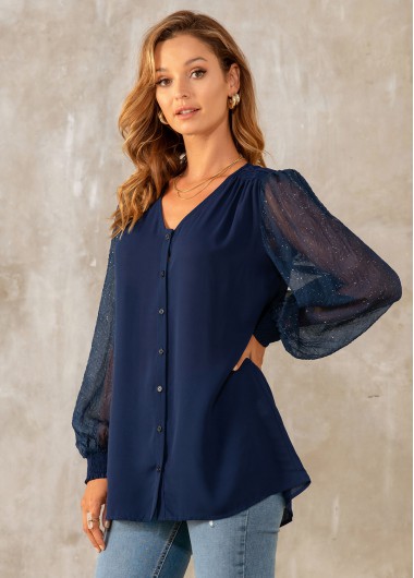 Modlily Sequin Solid Long Sleeve Button Detail Blouse - L