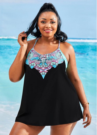 Modlily Plus Size Tribal Print Spaghetti Strap Swimdress and Panty - 1X