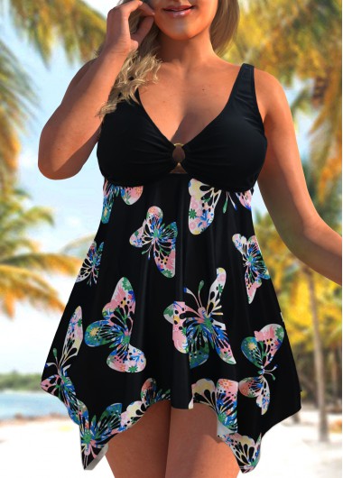 Modlily Plus Size Butterfly Print Swimdress and Shorts - 1X