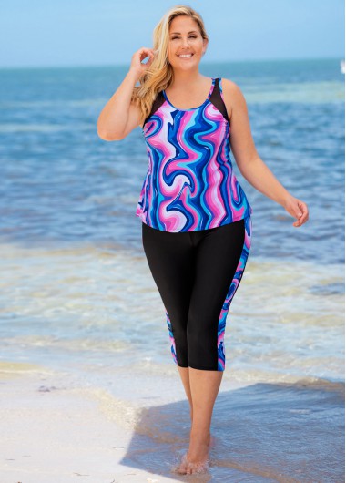Modlily Plus Size Printed Wide Strap Tankini Set - 4X