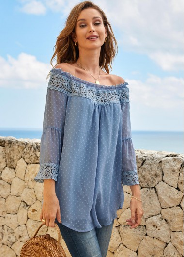 Modlily Lace Stitching Stringy Selvedge Off Shoulder Blouse - M