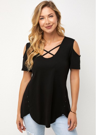 Modlily Cold Shoulder Short Sleeve Solid T Shirt - M