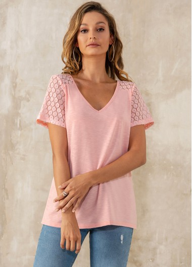 Modlily Lace Patchwork Solid Short Sleeve V Neck T Shirt - S