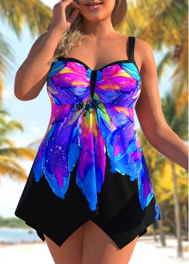 Modlily Plus Size Floral Print Asymmetric Hem Swimdress and Panty - 3X