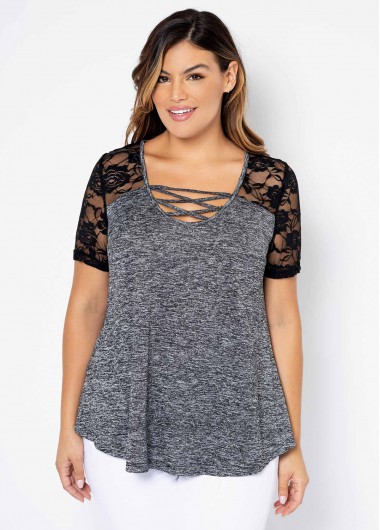 Modlily Plus Size Lace Stitching Cross Strap T Shirt - 3X
