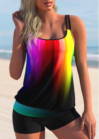 Modlily Rainbow Color Ombre Double Straps Tankini Set - L