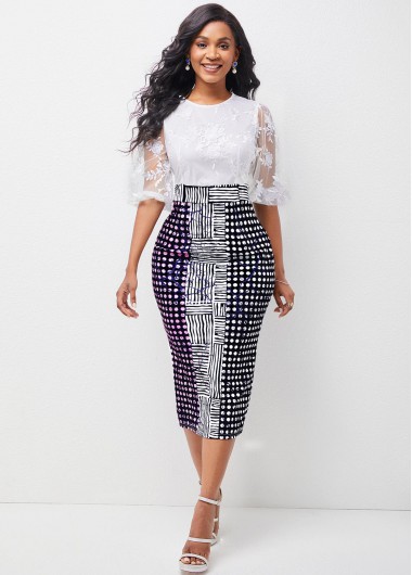 Modlily Geometric Print Lace Stitching 3/4 Sleeve Dress - XXL