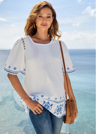 Modlily Tribal Print Pierced Short Sleeve Blouse - M