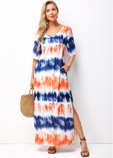 Modlily Pocket Ombre Side Slit V Neck Dress - S