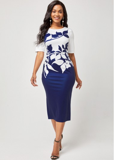 Modlily Leaf Print Round Neck Color Block Dress - M