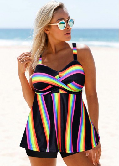 Modlily Rainbow Stripe Wide Strap Cross Front Tankini Set - XXL