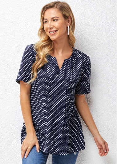 Modlily Split Neck Polka Dot Short Sleeve Blouse - M