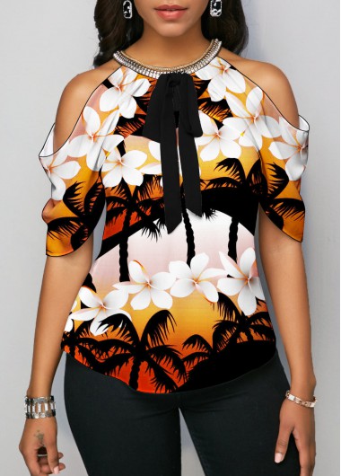 Modlily Cold Shoulder Floral Print Bowknot Blouse - M