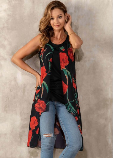 Modlily Floral Print Chiffon Round Neck Blouse - XL
