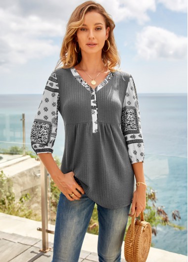 Modlily Waffle Crochet Tunic Top Grey Tribal V Neck Print 3/5 Sleeve Tunic Top - M