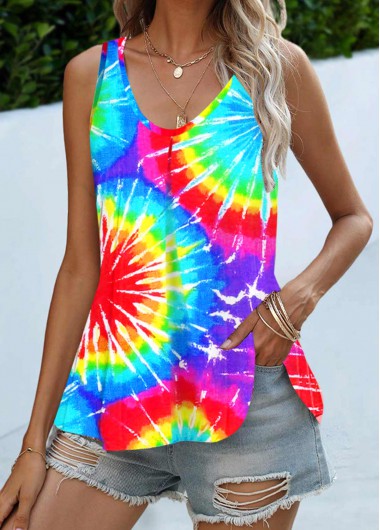 Modlily Round Neck Tie Dye Print Colorful Tank Top - M