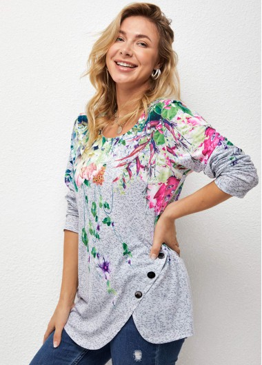 Modlily Decorative Button Long Sleeve Floral Print T Shirt - XXL