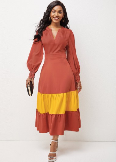 Modlily Lantern Sleeve Split Neck Contrast Dress - XL