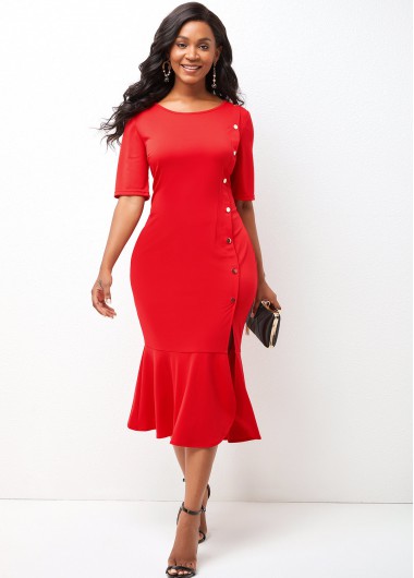 Modlily Round Neck Short Sleeve Solid Mermaid Dress - S