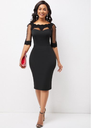 Modlily Lace Stitching Mesh Panel 3/4 Sleeve Dress - XL