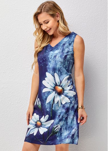 Modlily V Neck Floral Print Sleeveless Dress - 3XL