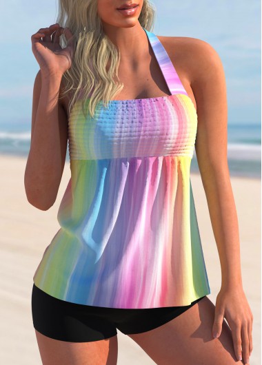 Modlily Smocked Rainbow Color Halter Tankini Set - M