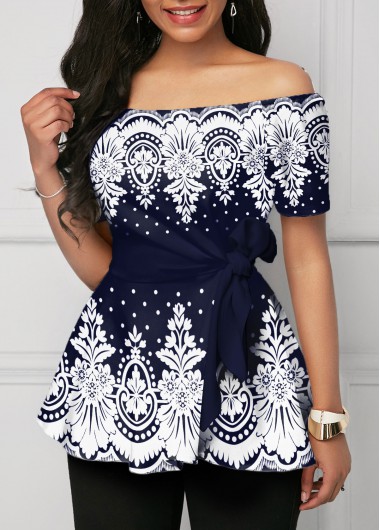 Modlily Tribal Print Off Shoulder Short Sleeve Blouse - S