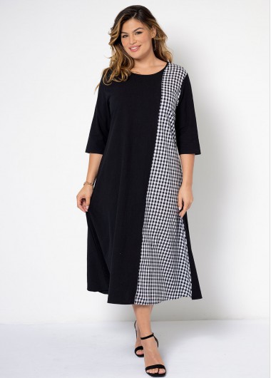 Modlily Plus Size Plaid 3/4 Sleeve Dress - M