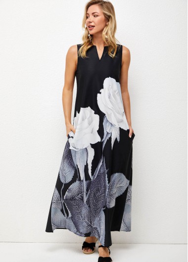 Modlily Floral Print Split Neck Double Pocket Dress - S