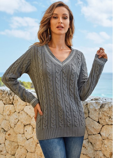 Modlily Striped V Neck Long Sleeve Sweater - M