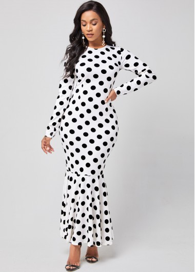 Modlily Long Sleeve Polka Dot Round Neck Mermaid Dress - XL