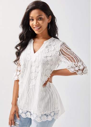 Modlily Lace Stitching Split Neck 3/4 Sleeve T Shirt - M