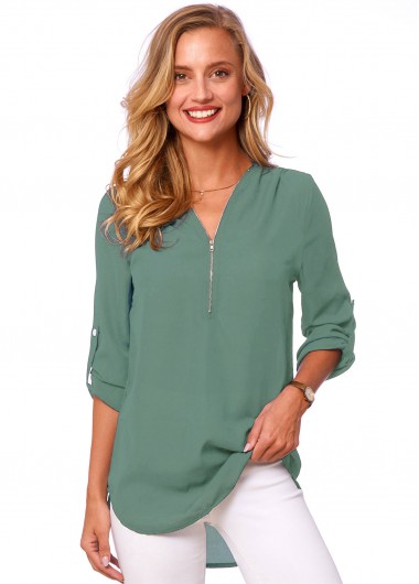 Modlily Solid Quarter Zip Button Detail T Shirt - 2XL