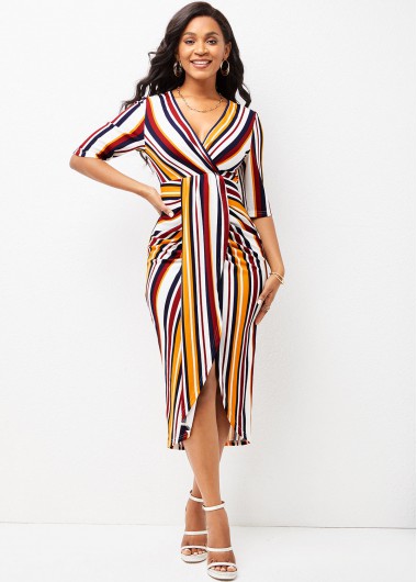 Modlily Rainbow Color Crossover Hem V Neck Dress - M