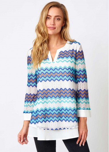 Modlily Chevron Print Split Neck Layered Hem Blouse - XL