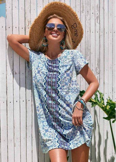 Modlily Short Sleeve Round Neck Printed Cover Up - M