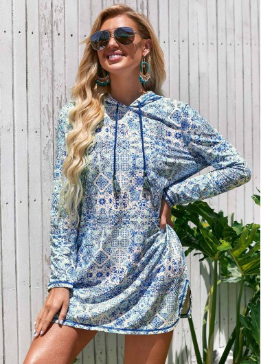 Modlily Printed Long Sleeve Hooded Collar Cover Up - S