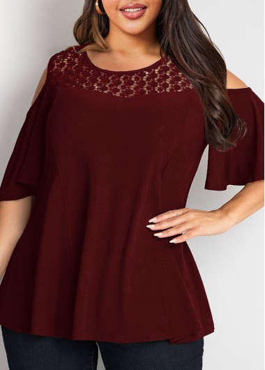 Modlily Cold Shoulder Plus Size Lace Stitching T Shirt - 2X