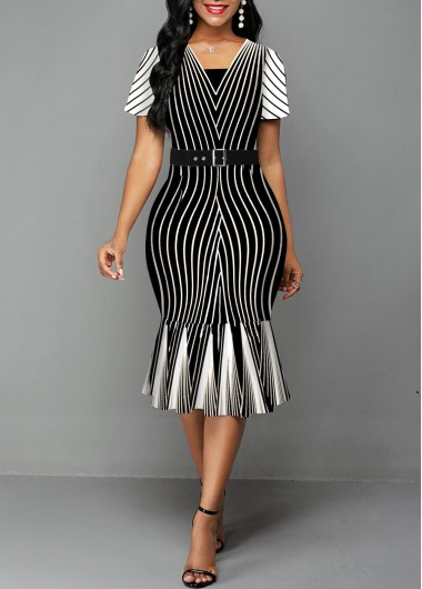 Modlily Short Sleeve Striped Asymmetrical Neck Mermaid Dress - XL